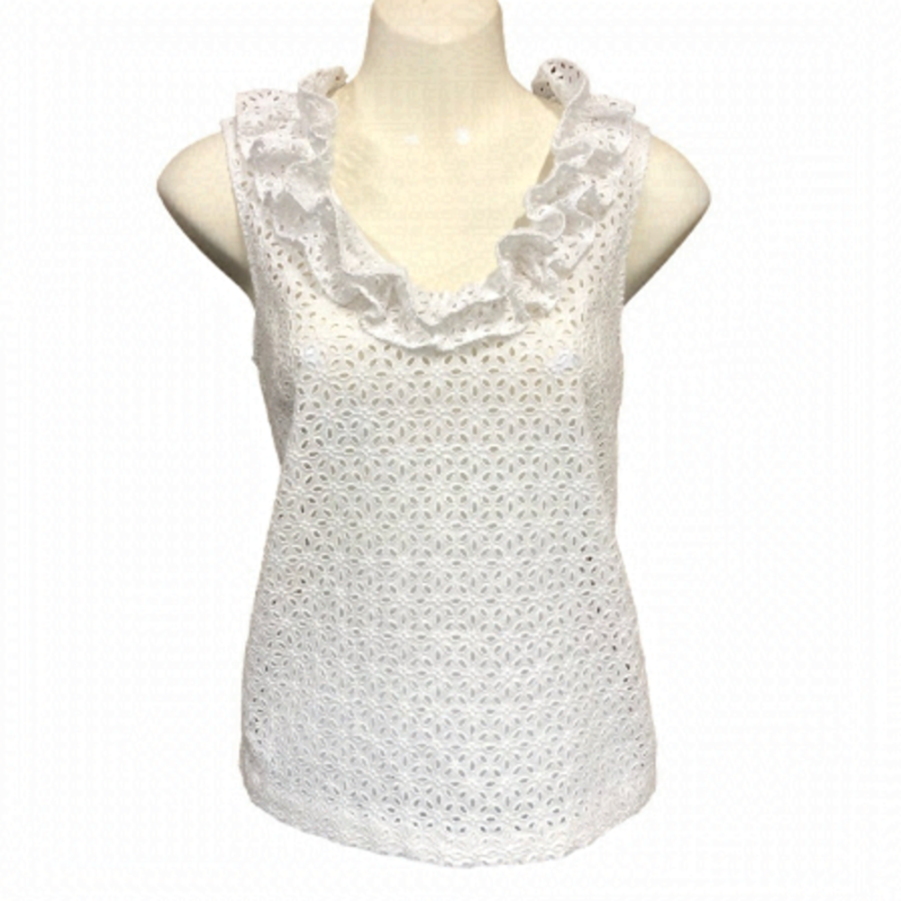 KATE Spade white all cotton eyelet sleeveless ruffle neck top Size 0